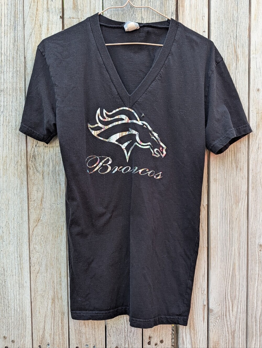 Black V-Neck Denver Broncos Graphic Tee Holographic Football